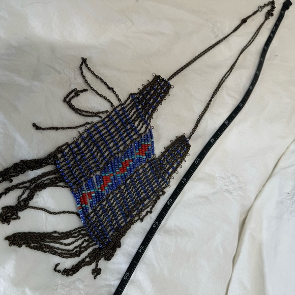 Vintage hand beaded handmade necklace tribal boho festival long red blue aztec - Picture 10 of 10